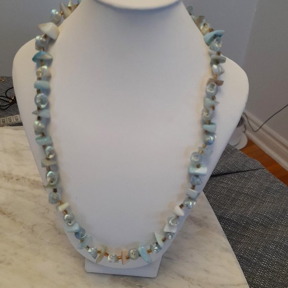 Light Blue Shell and Stone Necklace/ Coral coloured Shell Stretch Bracelet - Picture 8 of 14